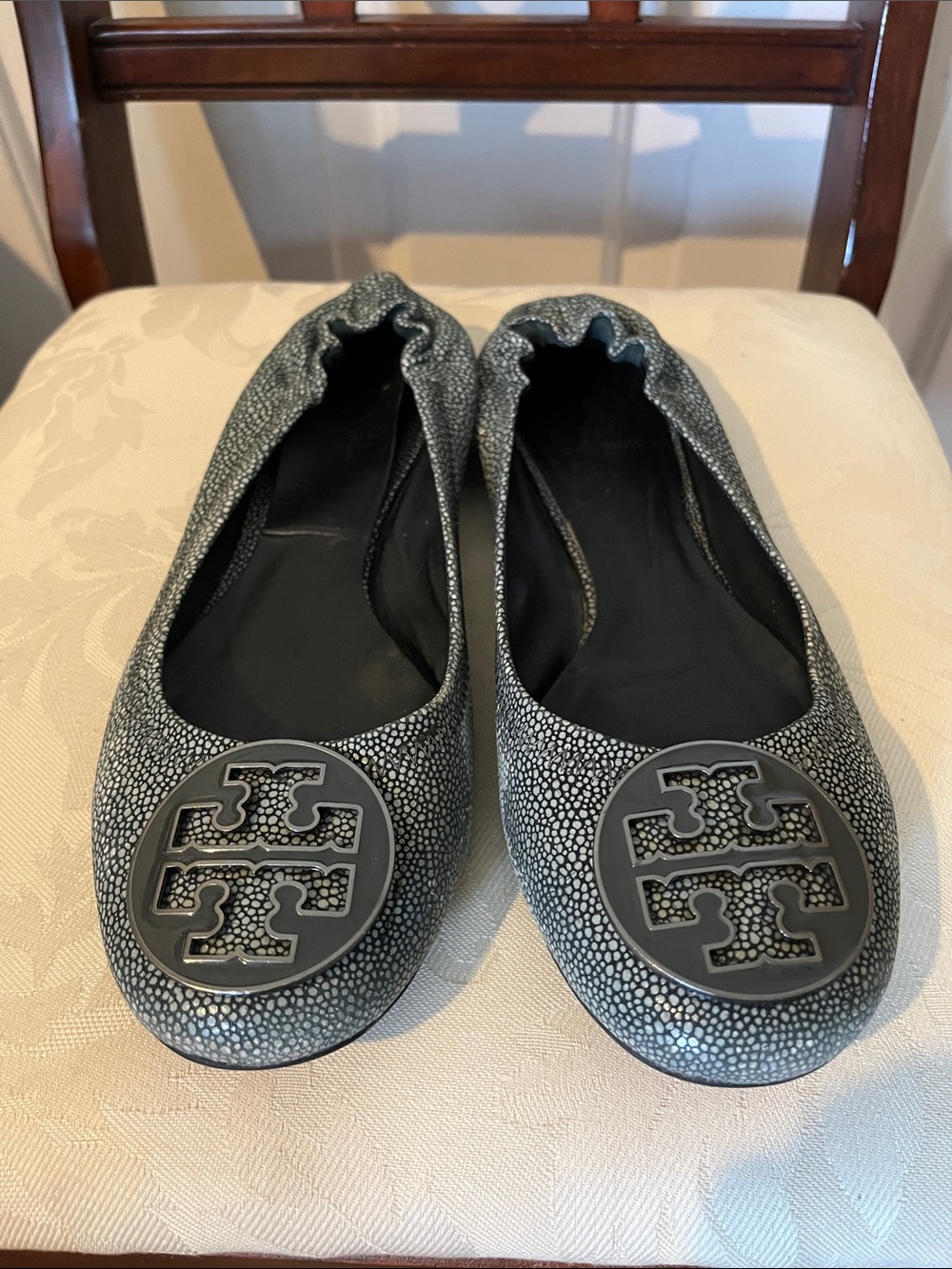 Tory Burch Reva Gray Pebbled Leather Ballet Flats Women’s Size 9